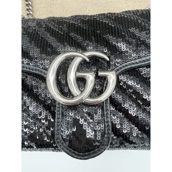 NEW GUCCI MARMONT SEQUIN LEATHER BLACK CROSSBODY SHOULDER BAG PURSE AUTH BOX! - Picture 8 of 16
